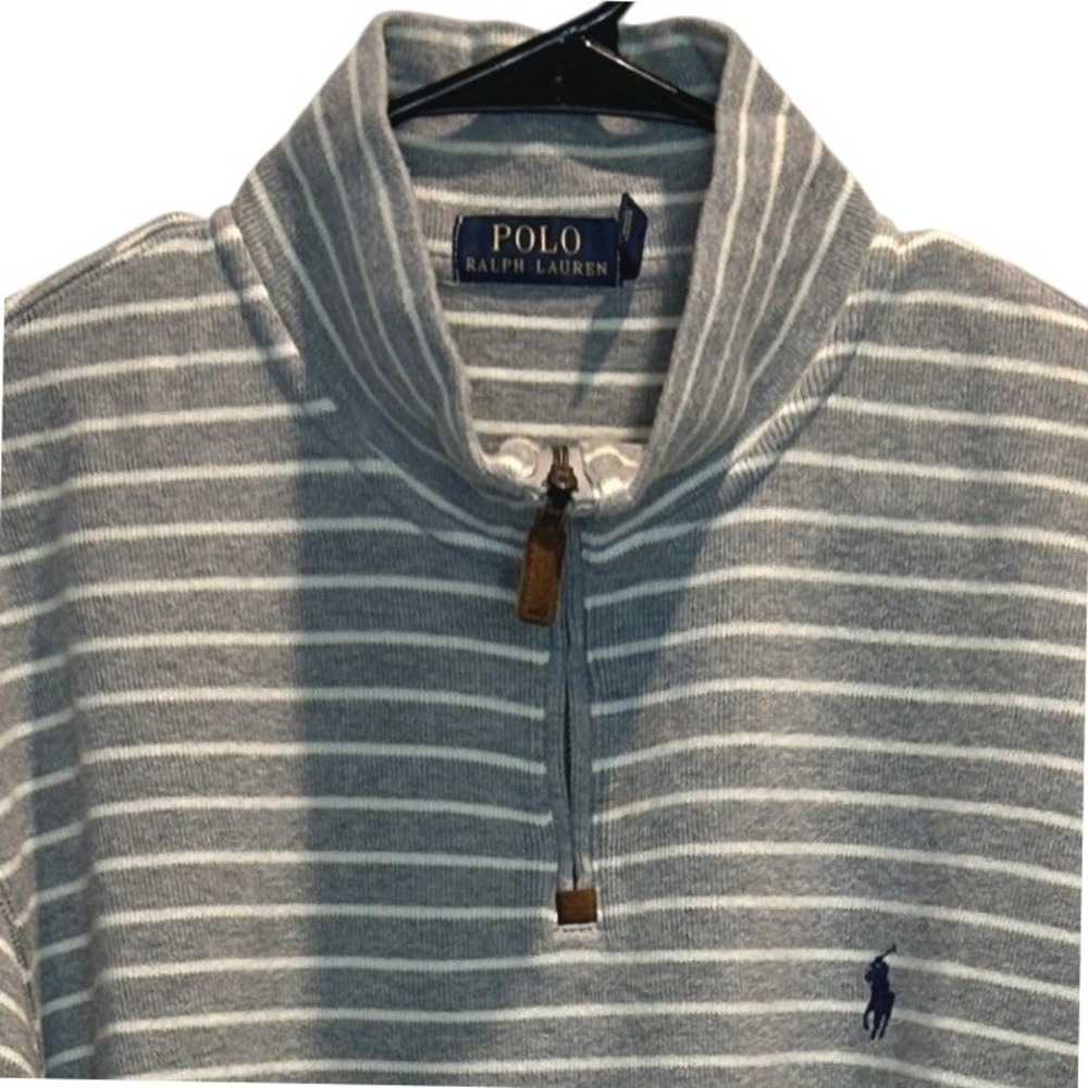Polo Ralph Lauren Quarter Zip XL Mens Grey White Striped Cotton Pullover Sweater